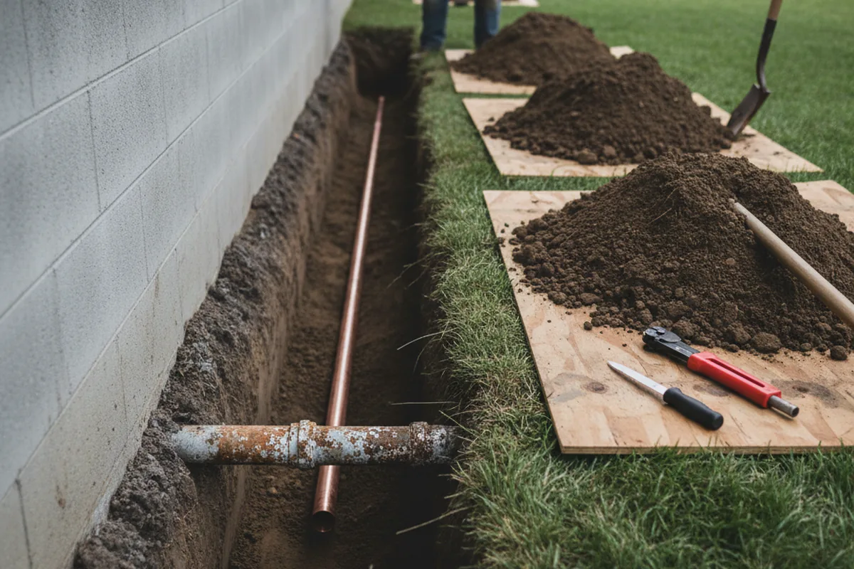Excavated water line trench during Water Heater Repair in Birch Tree